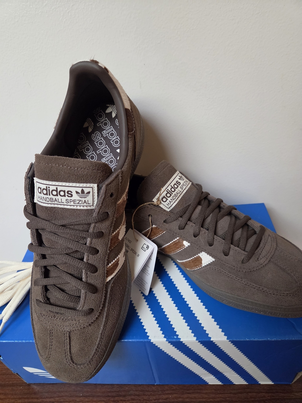 Brand New Adidas Handball Spezial Brown Suede Sneakers With Cow Print Stripes